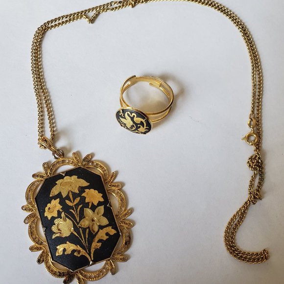 Vintage Jewelry - Vintage Gold-Toned Damascene Inlaid Necklace and Ring